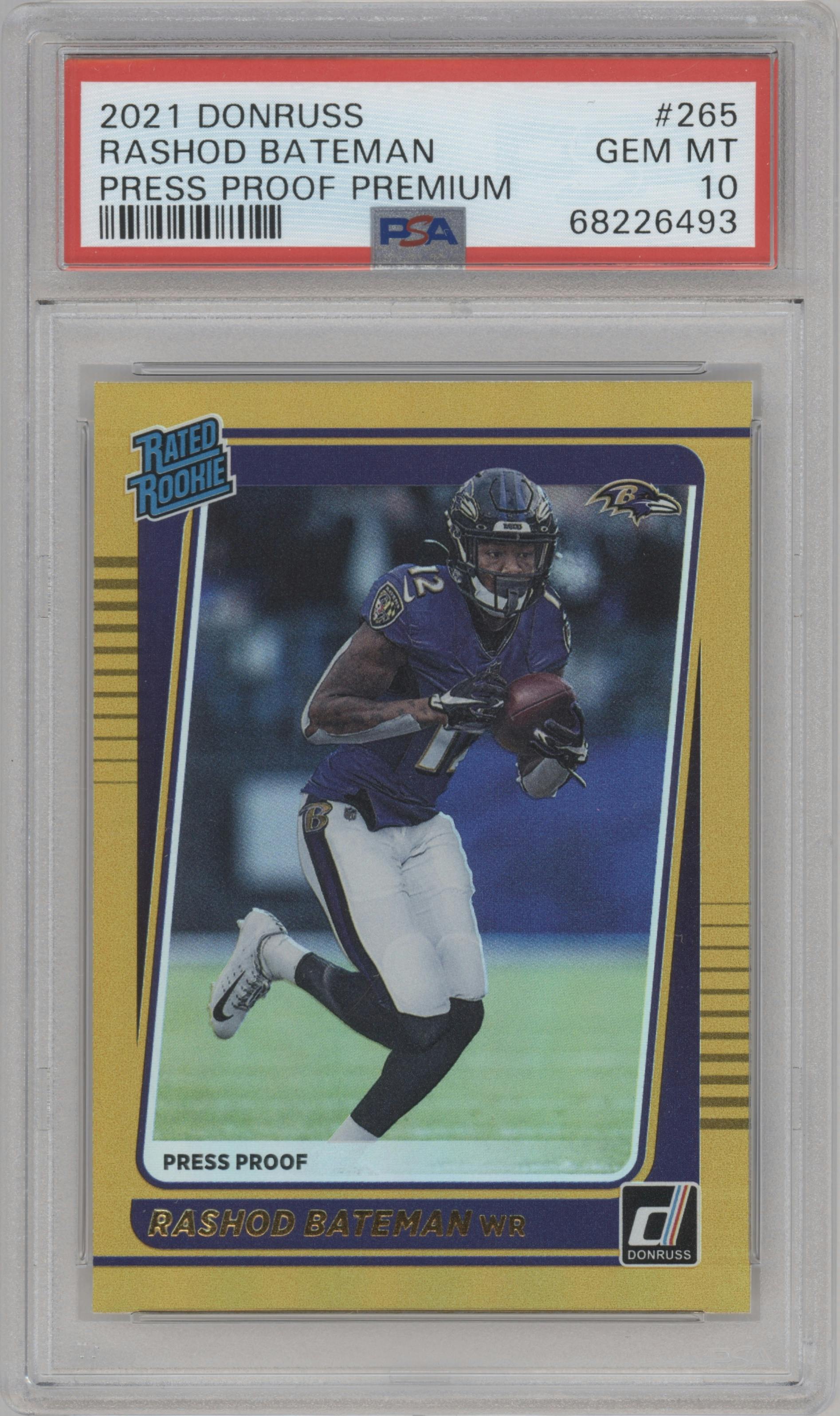 Rashod Bateman from the 2021 Panini Donruss set featuring a Press Proof Premium parallel graded by PSA and given an overall grade of 10.