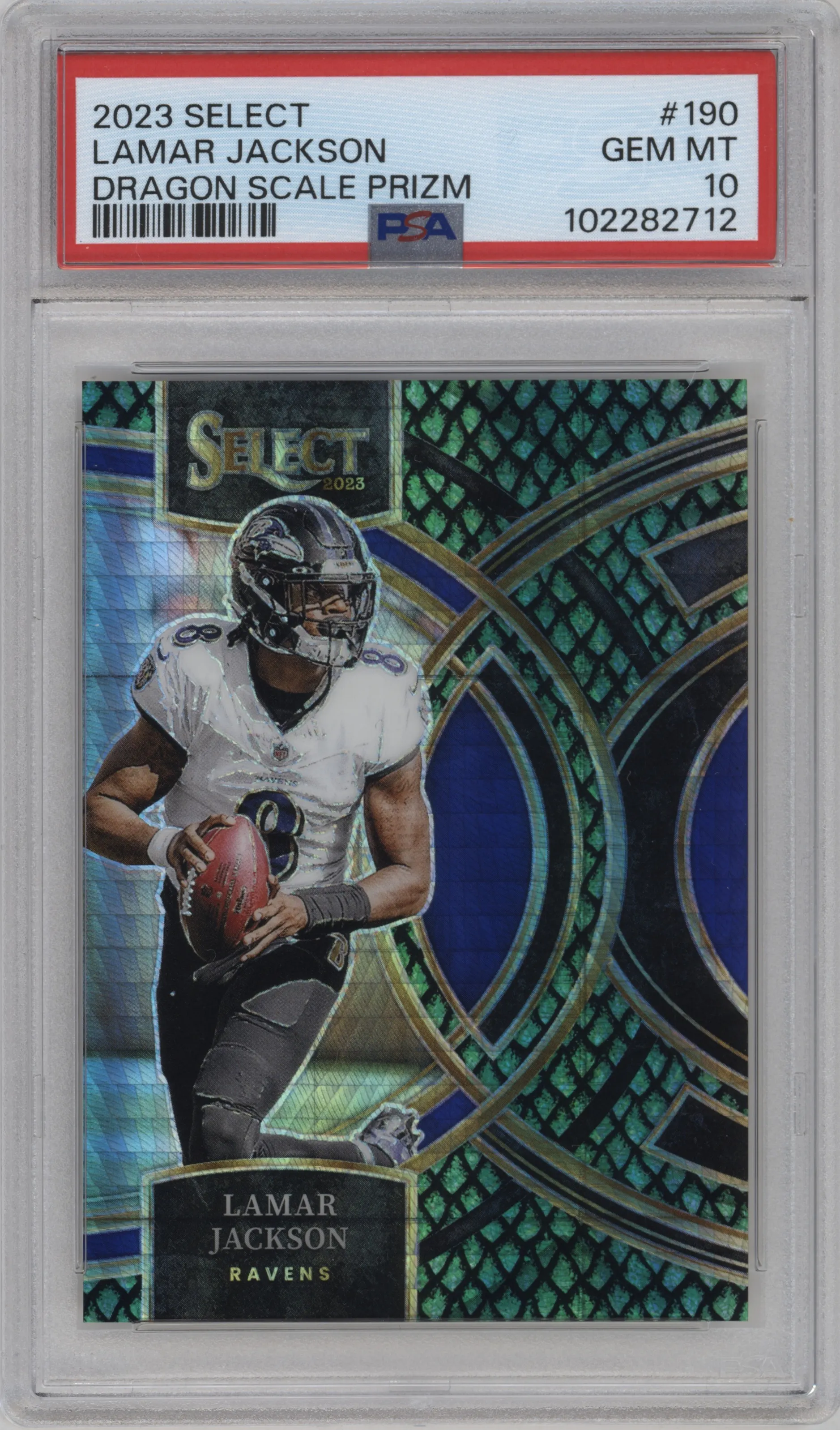2023 Panini Select Pre.Lvl. Lamar Jackson Dragon Scale #190 PSA 10
