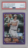 Adley Rutschman from the 2023 Topps Chrome set featuring a Purple Speckle Refractor parallel graded by PSA and given an overall grade of 10.
