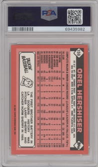 Orel Hershiser from the 1986 Topps set featuring a Tiffany parallel graded by PSA and given an overall grade of 9.