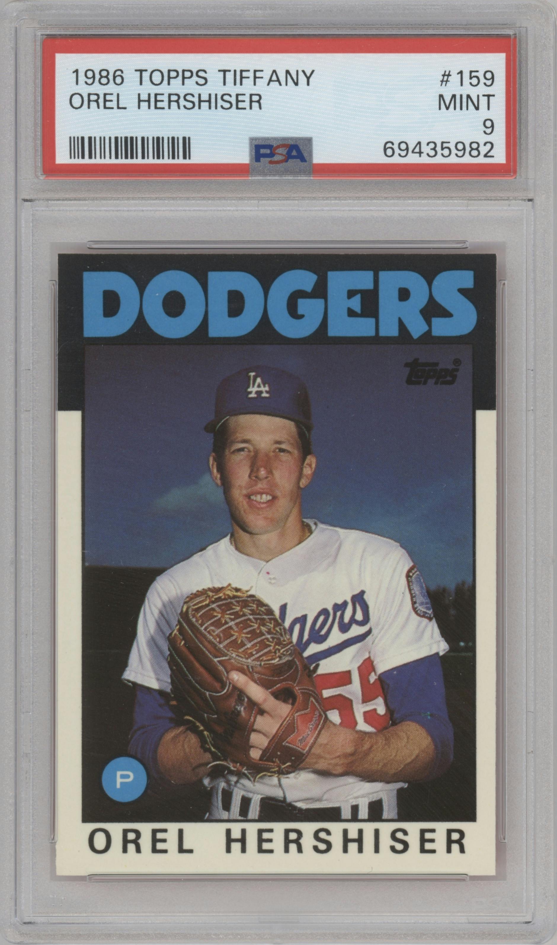 Orel Hershiser from the 1986 Topps set featuring a Tiffany parallel graded by PSA and given an overall grade of 9.