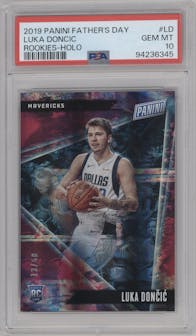 Luka Doncic from the 2019 Panini Father’s Day Multi-Sport set featuring a Holofoil parallel graded by PSA and given an overall grade of 10.