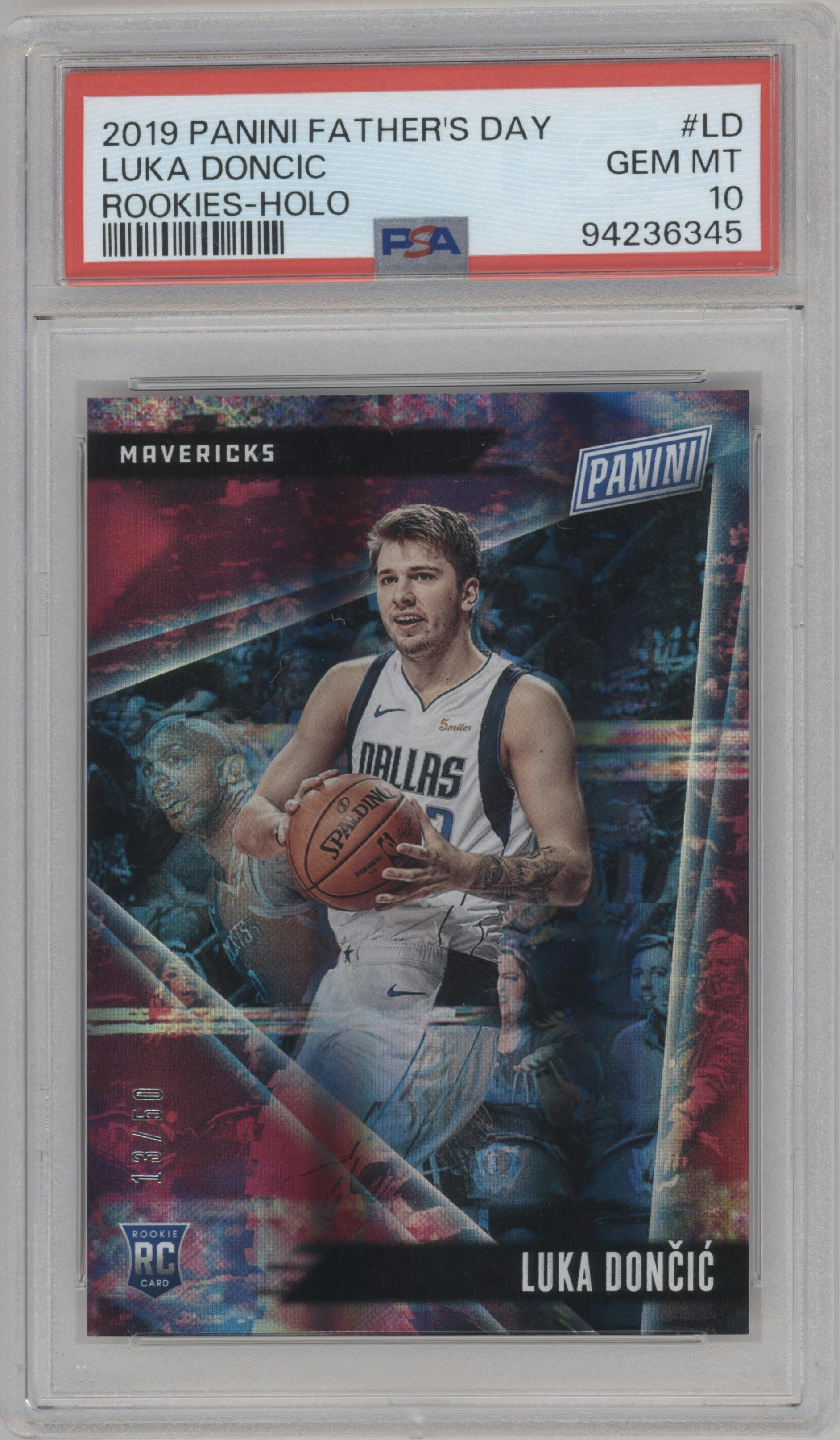 Luka Doncic from the 2019 Panini Father’s Day Multi-Sport set featuring a Holofoil parallel graded by PSA and given an overall grade of 10.