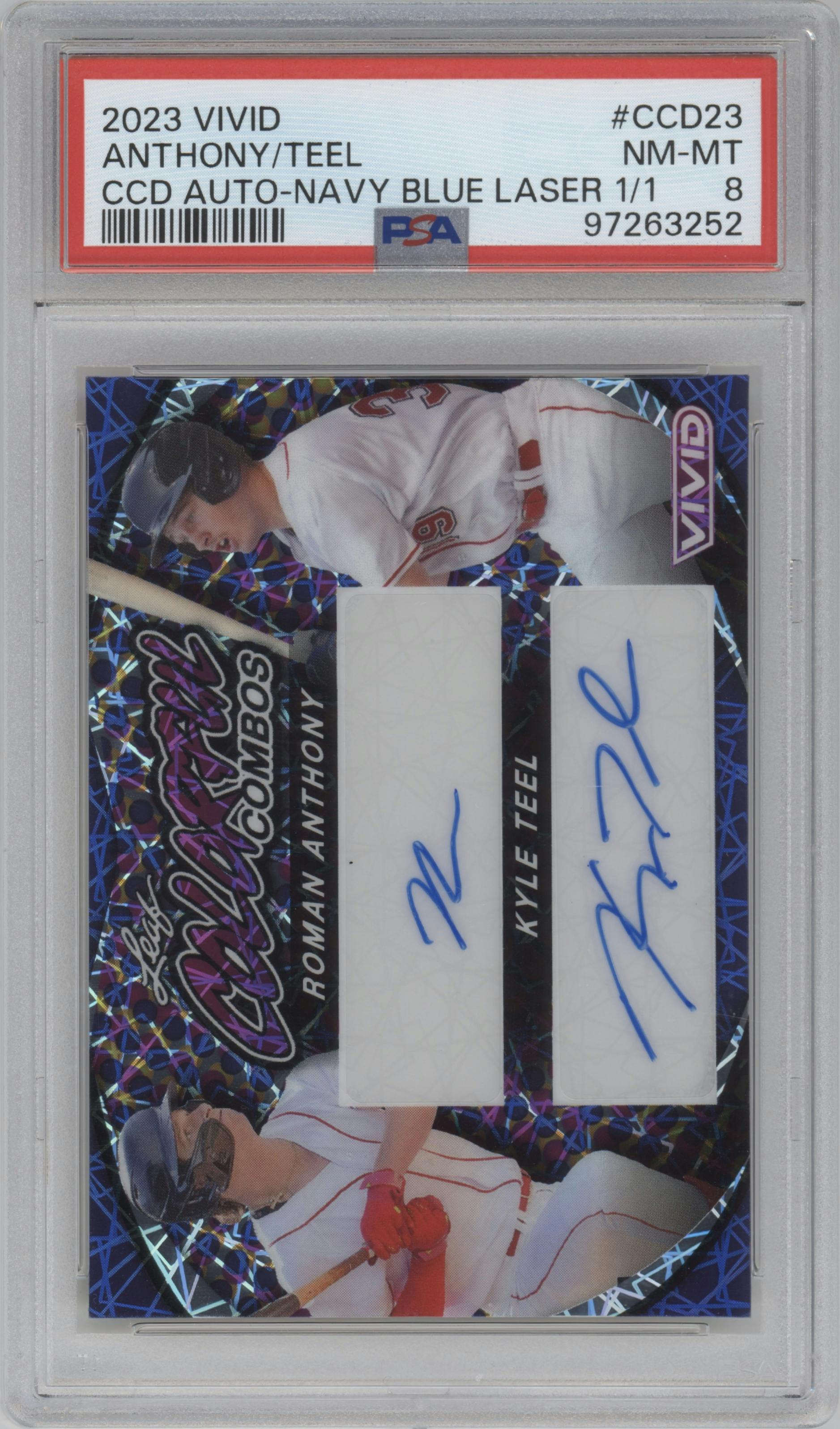 Roman Anthony / Kyle Teel  from the 2023 Leaf Vivid set featuring a Navy Blue Laser parallel graded by PSA and given an overall grade of 8.
