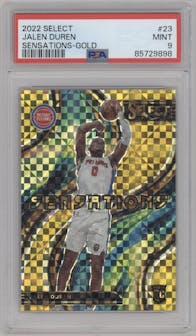 Jalen Duren from the 2022-23 Panini Select set featuring a Gold Prizm parallel graded by PSA and given an overall grade of 9.