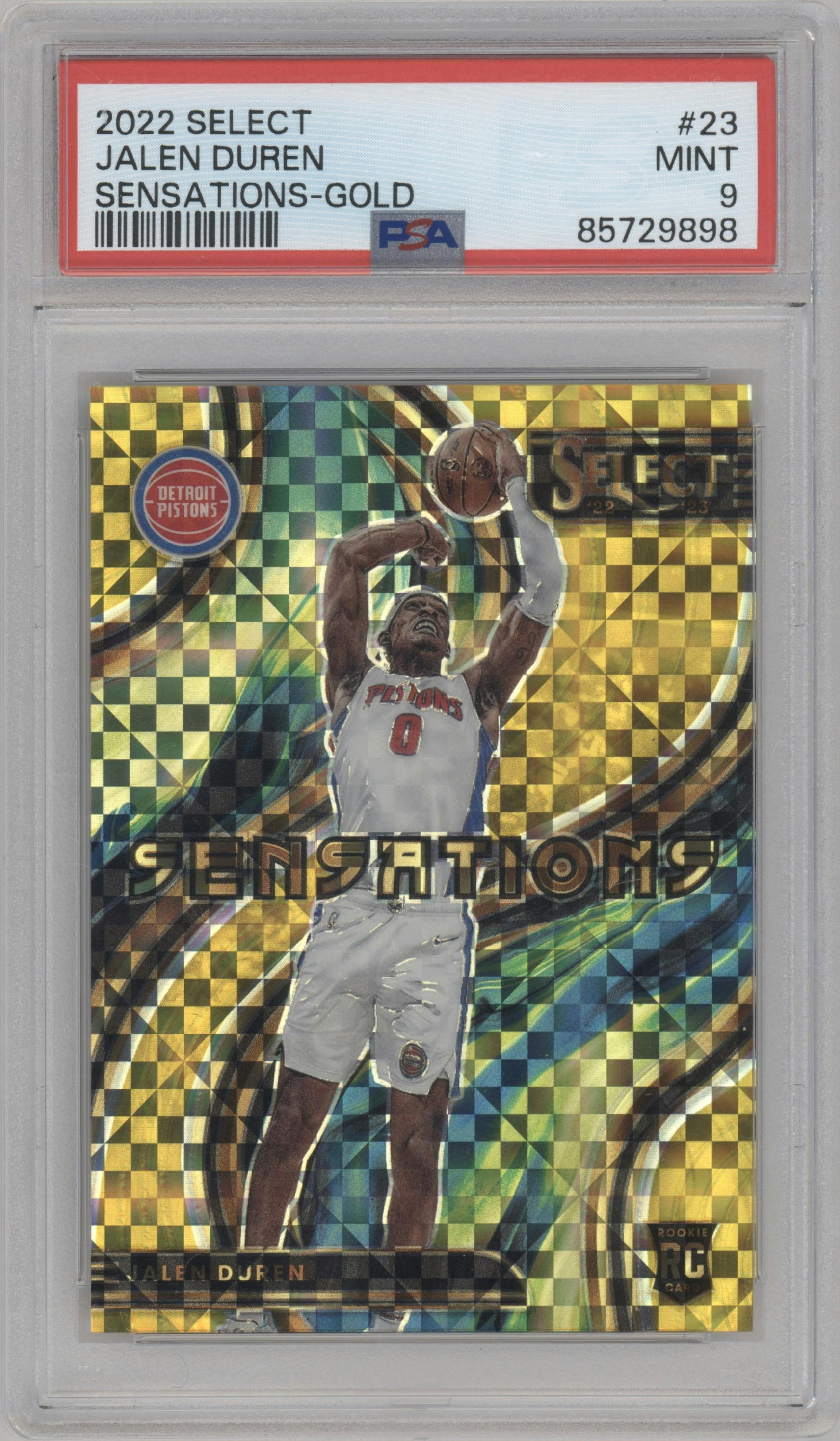 Jalen Duren from the 2022-23 Panini Select set featuring a Gold Prizm parallel graded by PSA and given an overall grade of 9.