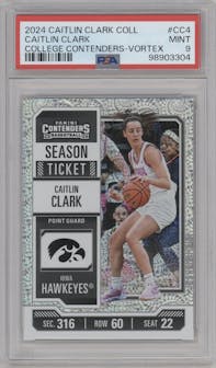 Caitlin Clark from the 2024 Panini Caitlin Clark Collection set featuring a Vortex parallel graded by PSA and given an overall grade of 9.