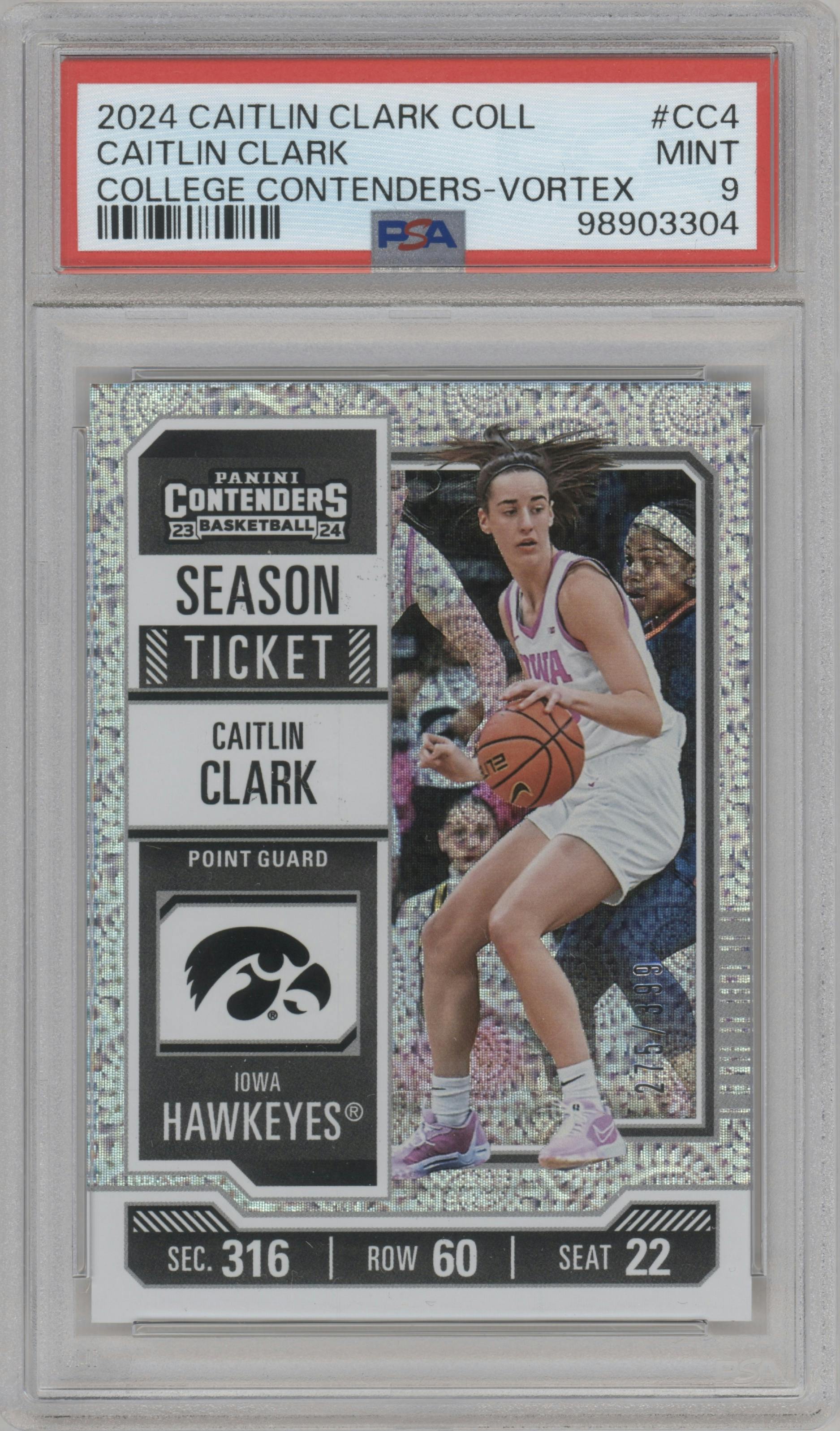 Caitlin Clark from the 2024 Panini Caitlin Clark Collection set featuring a Vortex parallel graded by PSA and given an overall grade of 9.