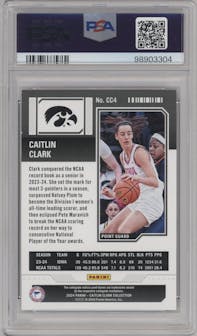 Caitlin Clark from the 2024 Panini Caitlin Clark Collection set featuring a Vortex parallel graded by PSA and given an overall grade of 9.