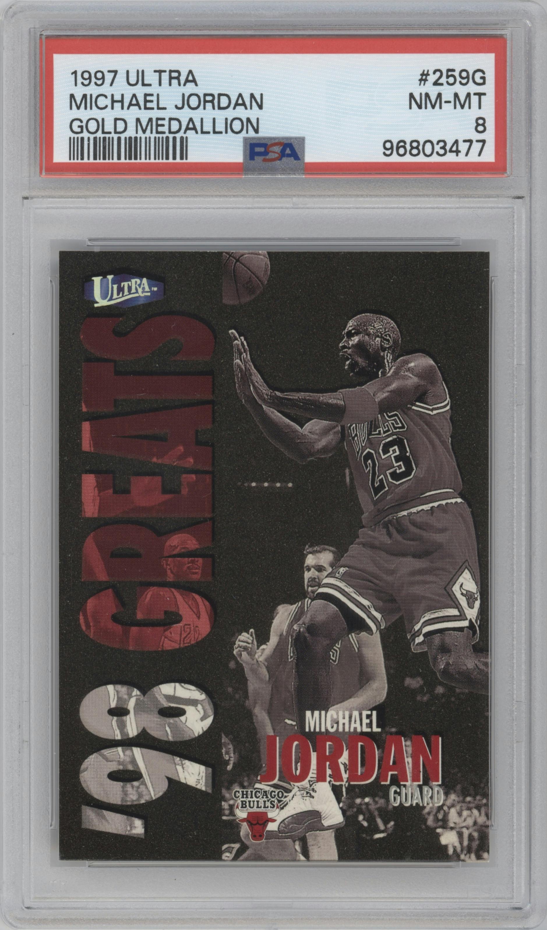 Michael Jordan from the 1997-98 Fleer Ultra set featuring a Gold Medallion parallel graded by PSA and given an overall grade of 8.