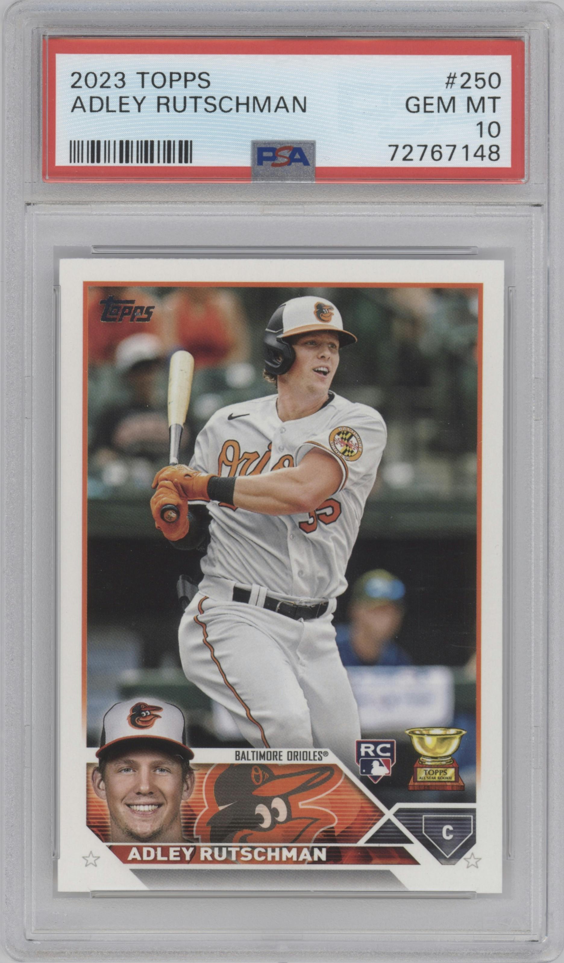 Adley Rutschman  from the 2023 Topps set graded by PSA and given an overall grade of 10.