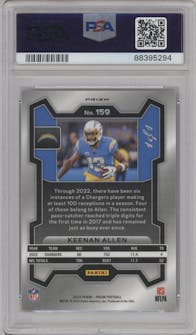 Keenan Allen from the 2023 Panini Prizm set featuring a Black Stars parallel graded by PSA and given an overall grade of 10.