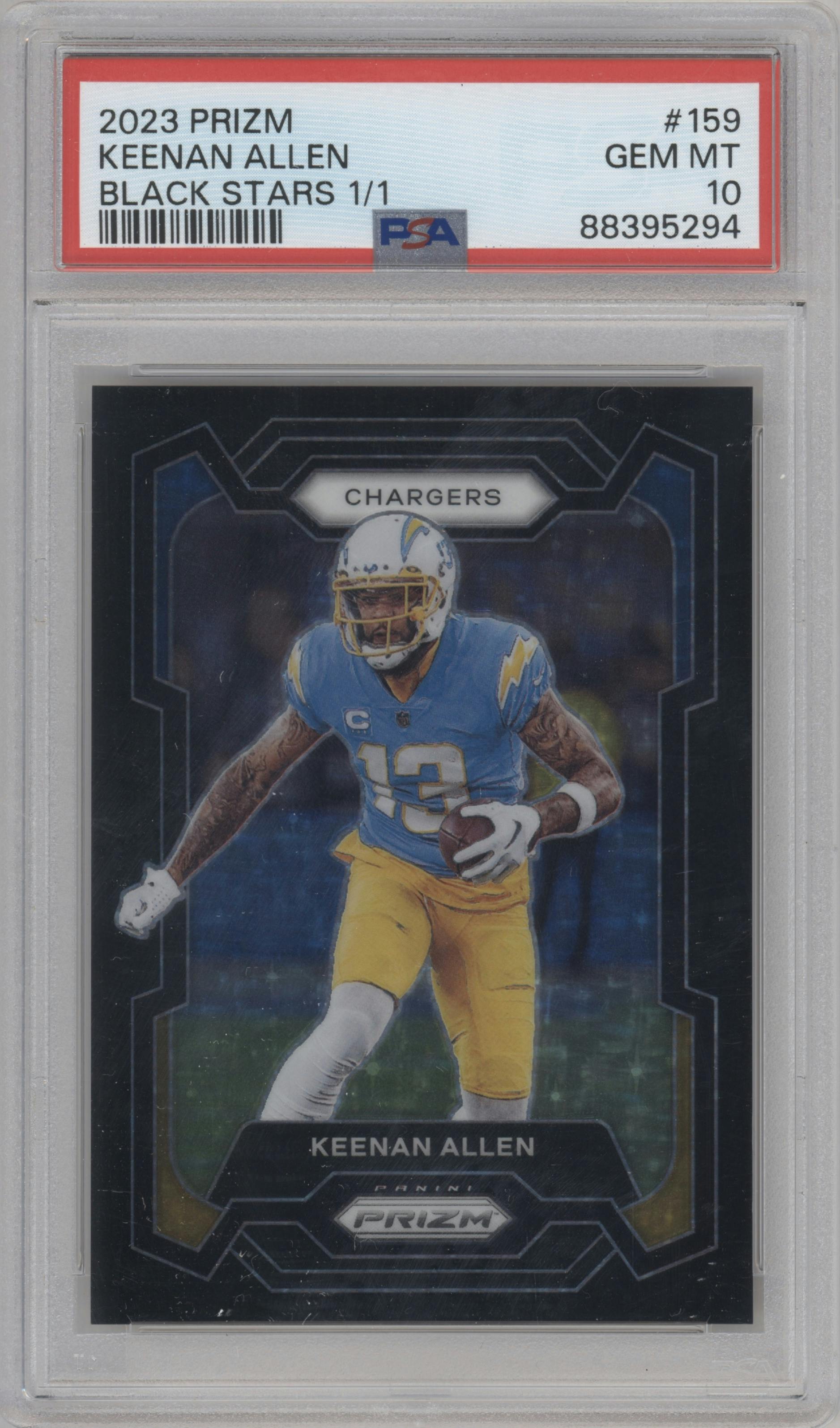 Keenan Allen from the 2023 Panini Prizm set featuring a Black Stars parallel graded by PSA and given an overall grade of 10.