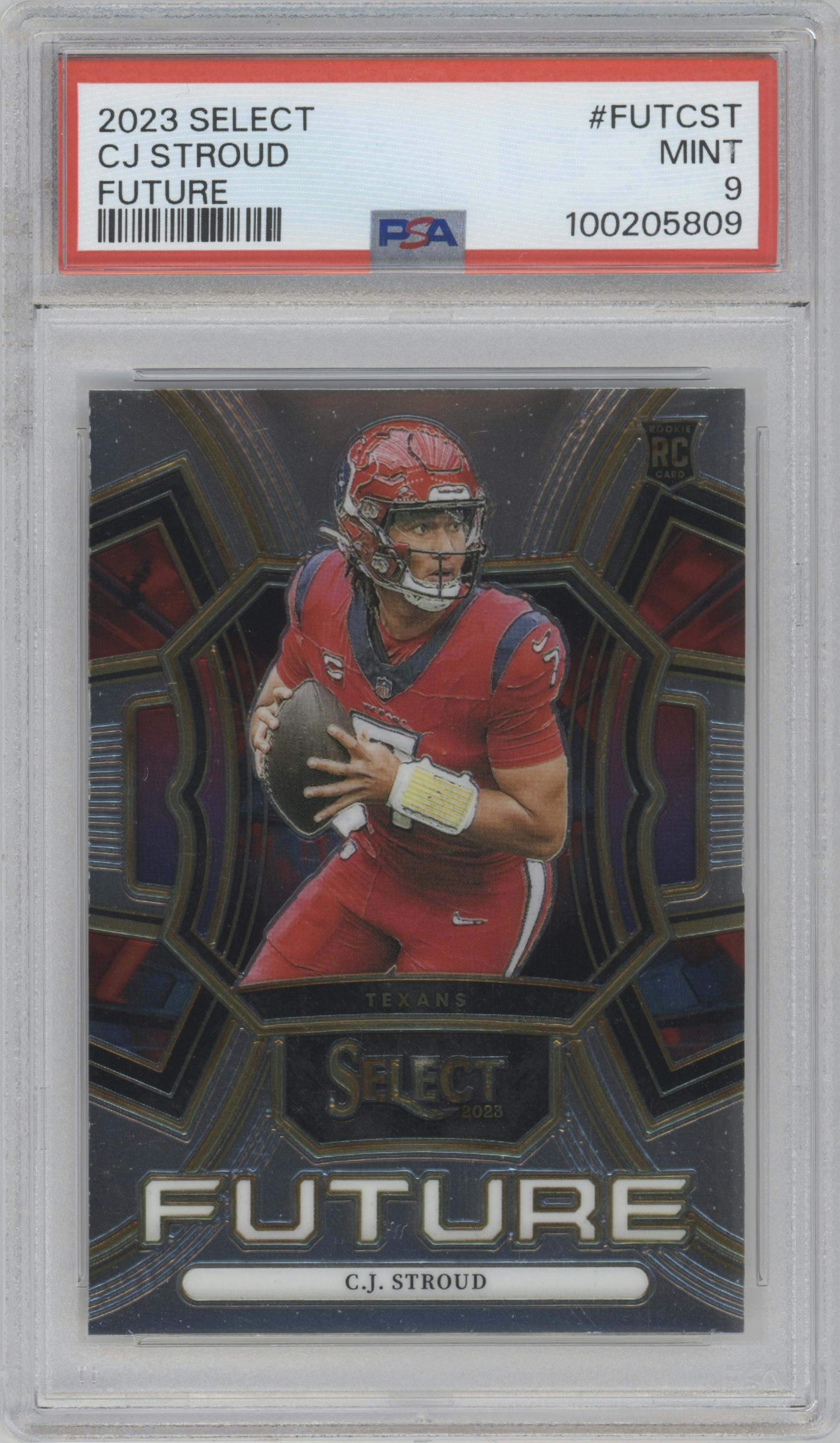 C.J. Stroud from the 2023 Panini Select set graded by PSA and given an overall grade of 9.