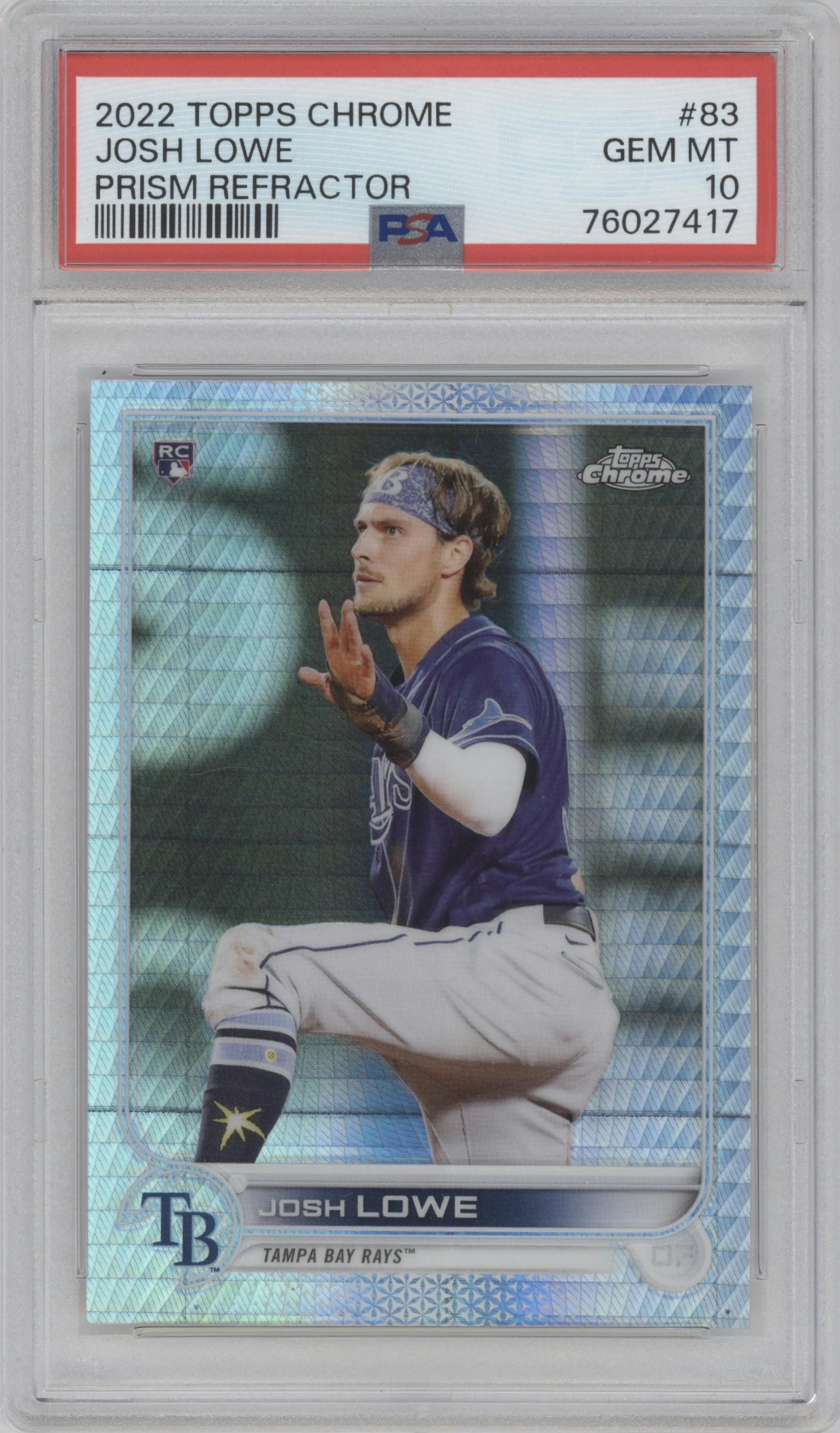 Josh Lowe from the 2022 Topps Chrome set featuring a Prism Refractor parallel graded by PSA and given an overall grade of 10.