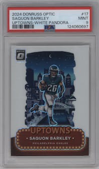 Saquon Barkley from the 2024 Donruss Optic set featuring a White Pandora parallel graded by PSA and given an overall grade of 9.