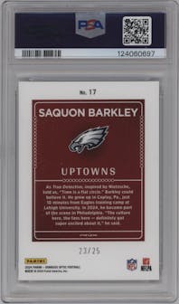 Saquon Barkley from the 2024 Donruss Optic set featuring a White Pandora parallel graded by PSA and given an overall grade of 9.