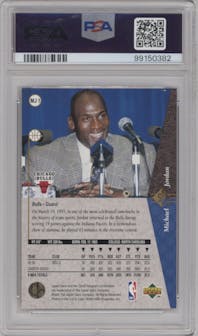 Michael Jordan from the 1994-95 SP set featuring a Red parallel graded by PSA and given an overall grade of 10.