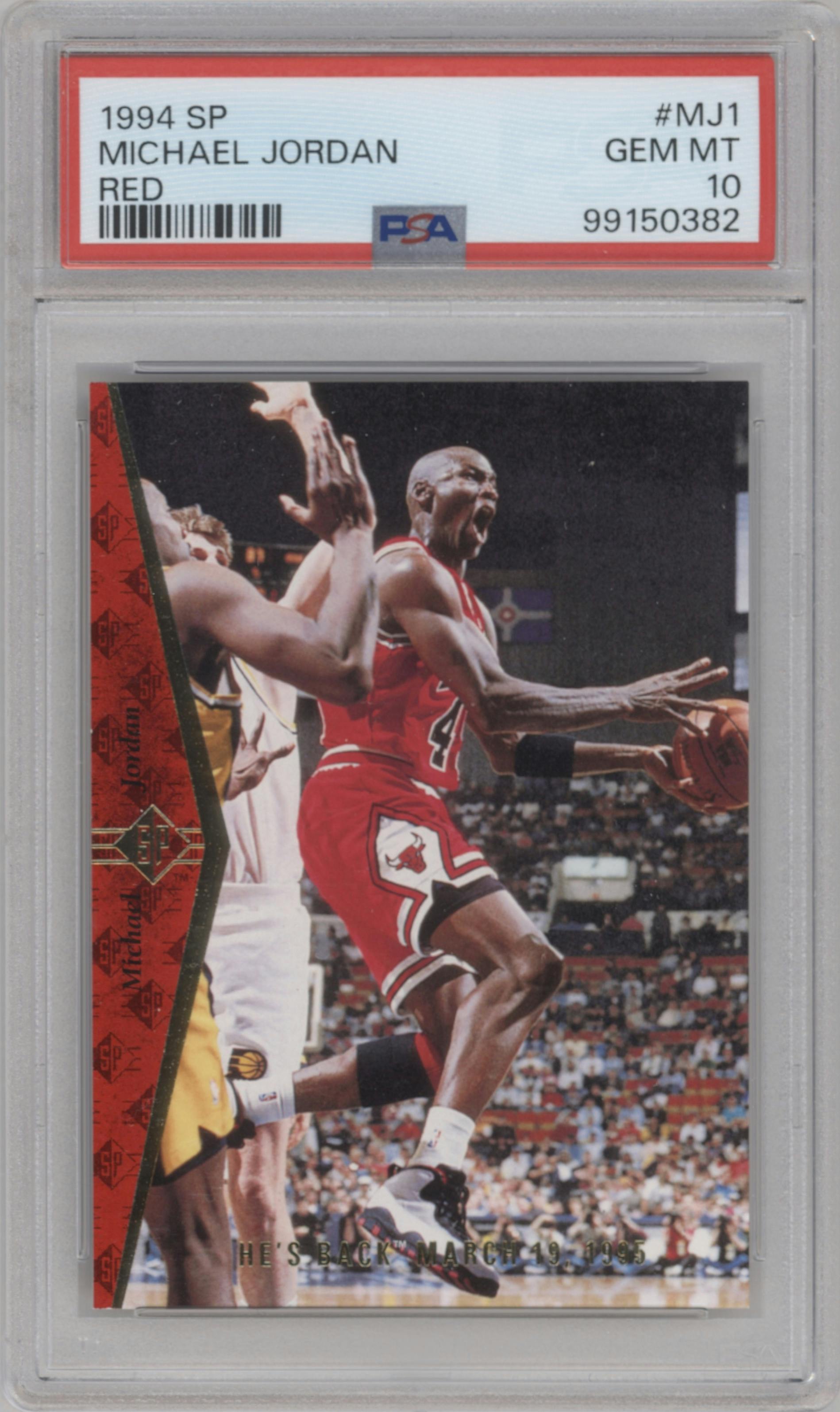 Michael Jordan from the 1994-95 SP set featuring a Red parallel graded by PSA and given an overall grade of 10.