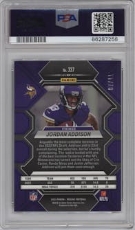 Jordan Addison from the 2023 Panini Mosaic set featuring a Green Swirl Mosaic parallel graded by PSA and given an overall grade of 9.