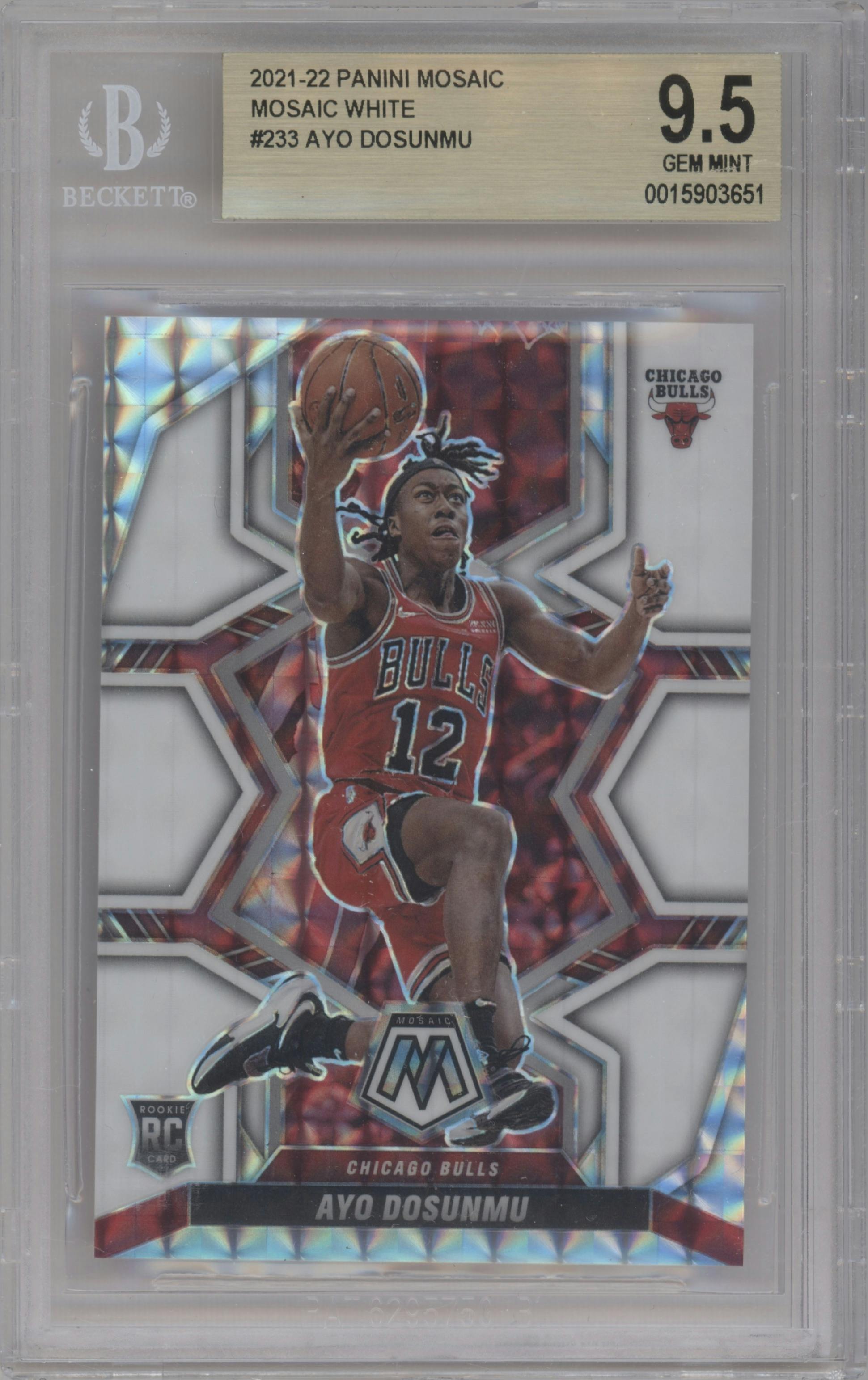Ayo Dosunmu from the 2021-22 Panini Mosaic  set featuring a White Mosaic parallel graded by Beckett and given an overall grade of 9.5.