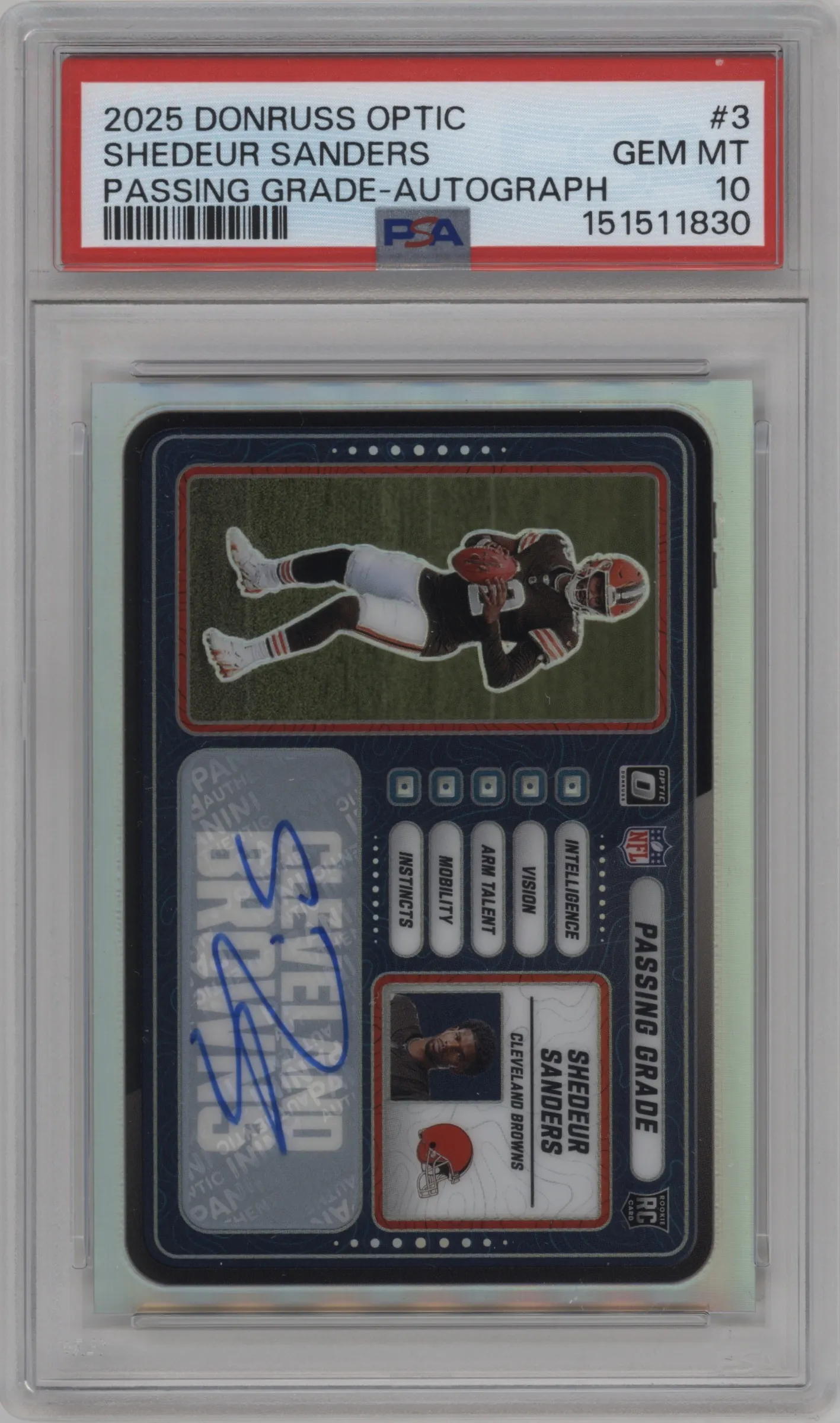 2025 Donruss Optic Passing Grade Auto. Shedeur Sanders #3 PSA 10