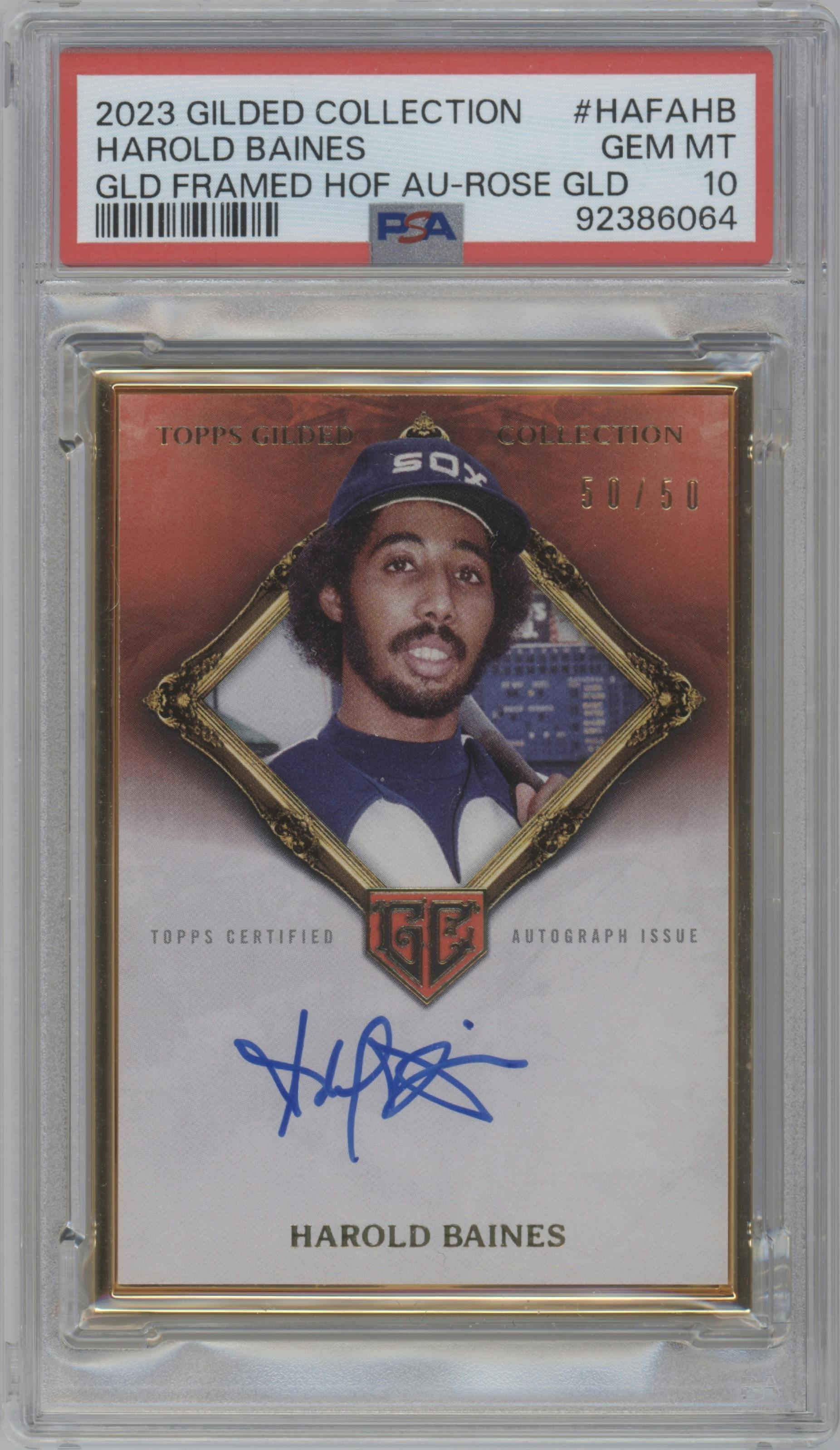 Harold Baines from the 2023 Topps Gilded Collection set featuring a Rose Gold parallel graded by PSA and given an overall grade of 10.