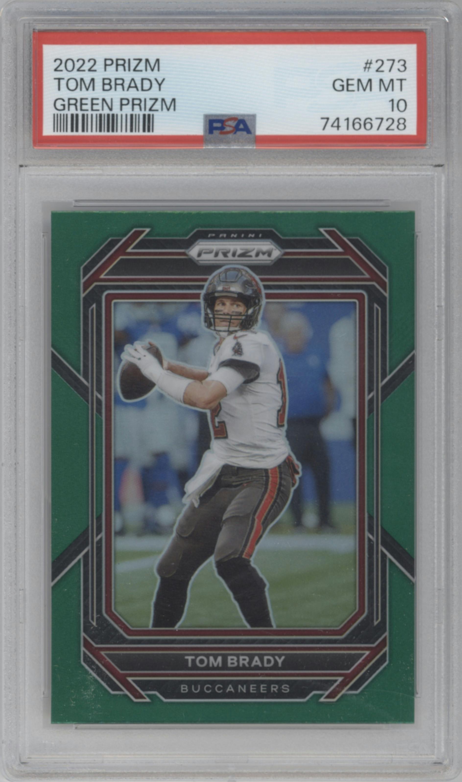 Tom Brady from the 2022 Panini Prizm set featuring a Green Prizm parallel graded by PSA and given an overall grade of 10.