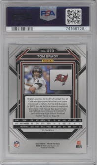 Tom Brady from the 2022 Panini Prizm set featuring a Green Prizm parallel graded by PSA and given an overall grade of 10.