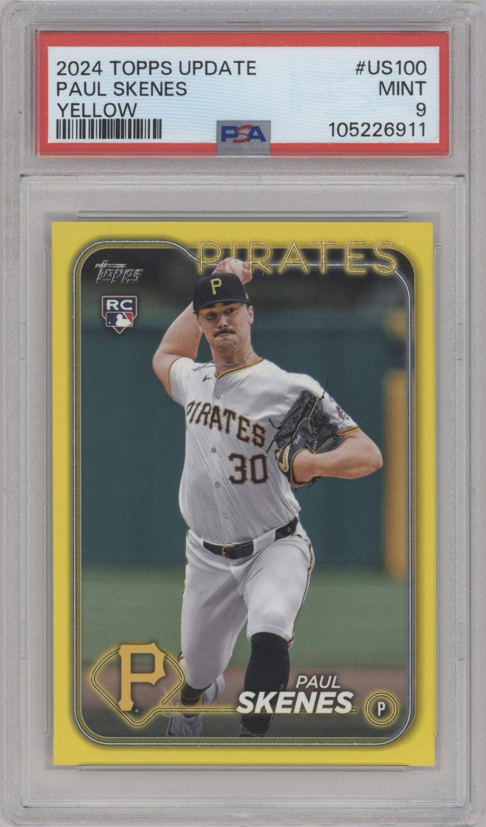 Paul Skenes from the 2024 Topps Update set featuring a Yellow  parallel graded by PSA and given an overall grade of 9.