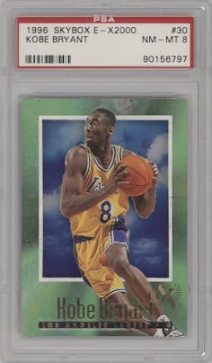 Kobe Bryant from the 1996-97 Skybox E-X2000 set graded by PSA and given an overall grade of 8.