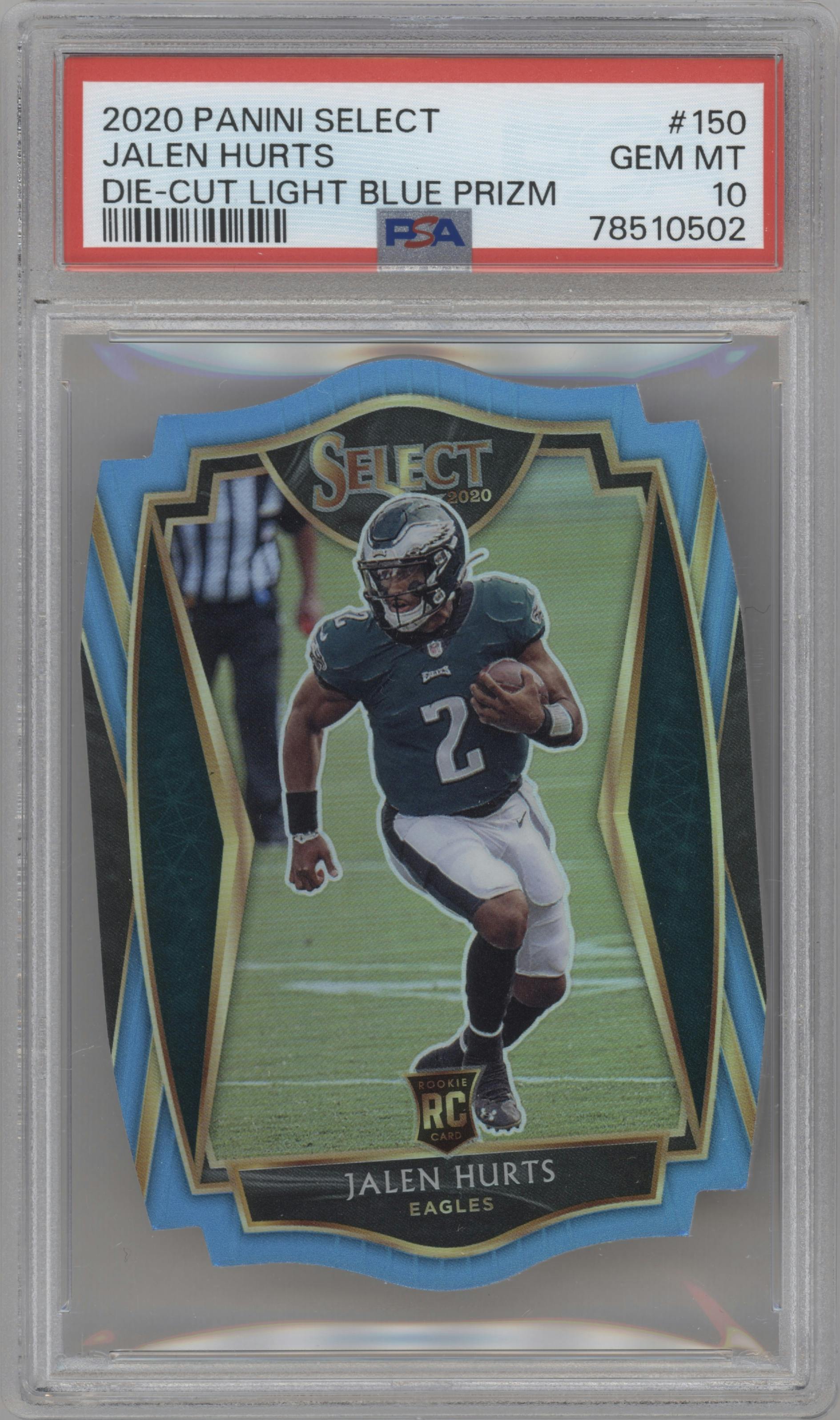 Jalen Hurts from the 2020 Panini Select set featuring a Die-Cut Light Blue parallel graded by PSA and given an overall grade of 10.