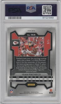 Isiah Pacheco from the 2023 Panini Prizm set featuring a Gold Vinyl parallel graded by PSA and given an overall grade of 10.