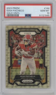 Isiah Pacheco from the 2023 Panini Prizm set featuring a Gold Vinyl parallel graded by PSA and given an overall grade of 10.