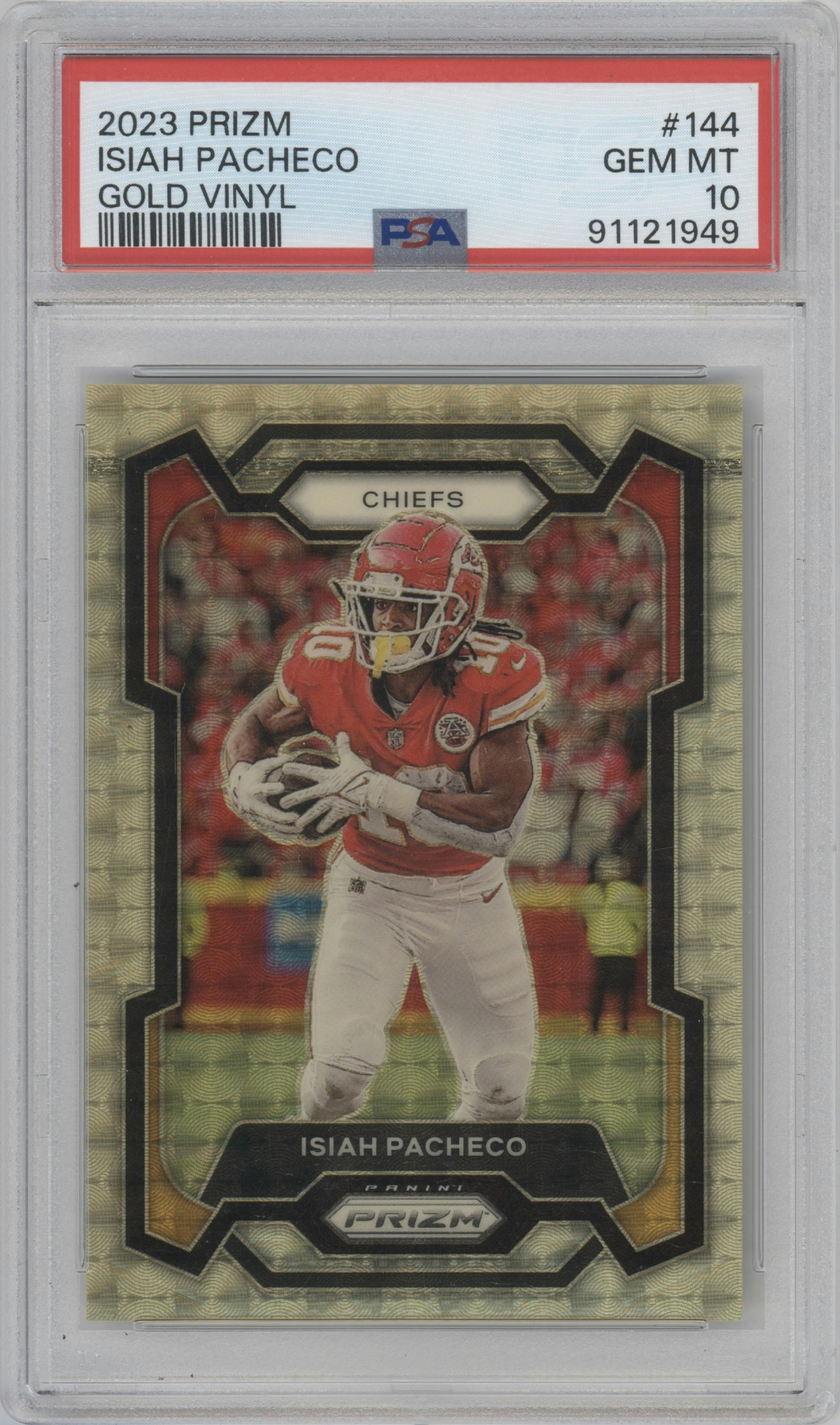 Isiah Pacheco from the 2023 Panini Prizm set featuring a Gold Vinyl parallel graded by PSA and given an overall grade of 10.