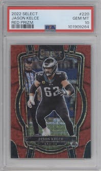 Jason Kelce from the 2022 Panini Select set featuring a Red Prizm parallel graded by PSA and given an overall grade of 10.