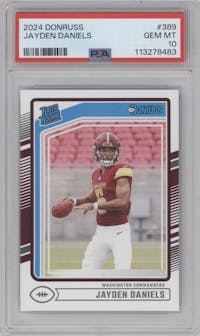 Jayden Daniels from the 2024 Donruss set graded by PSA and given an overall grade of 10.