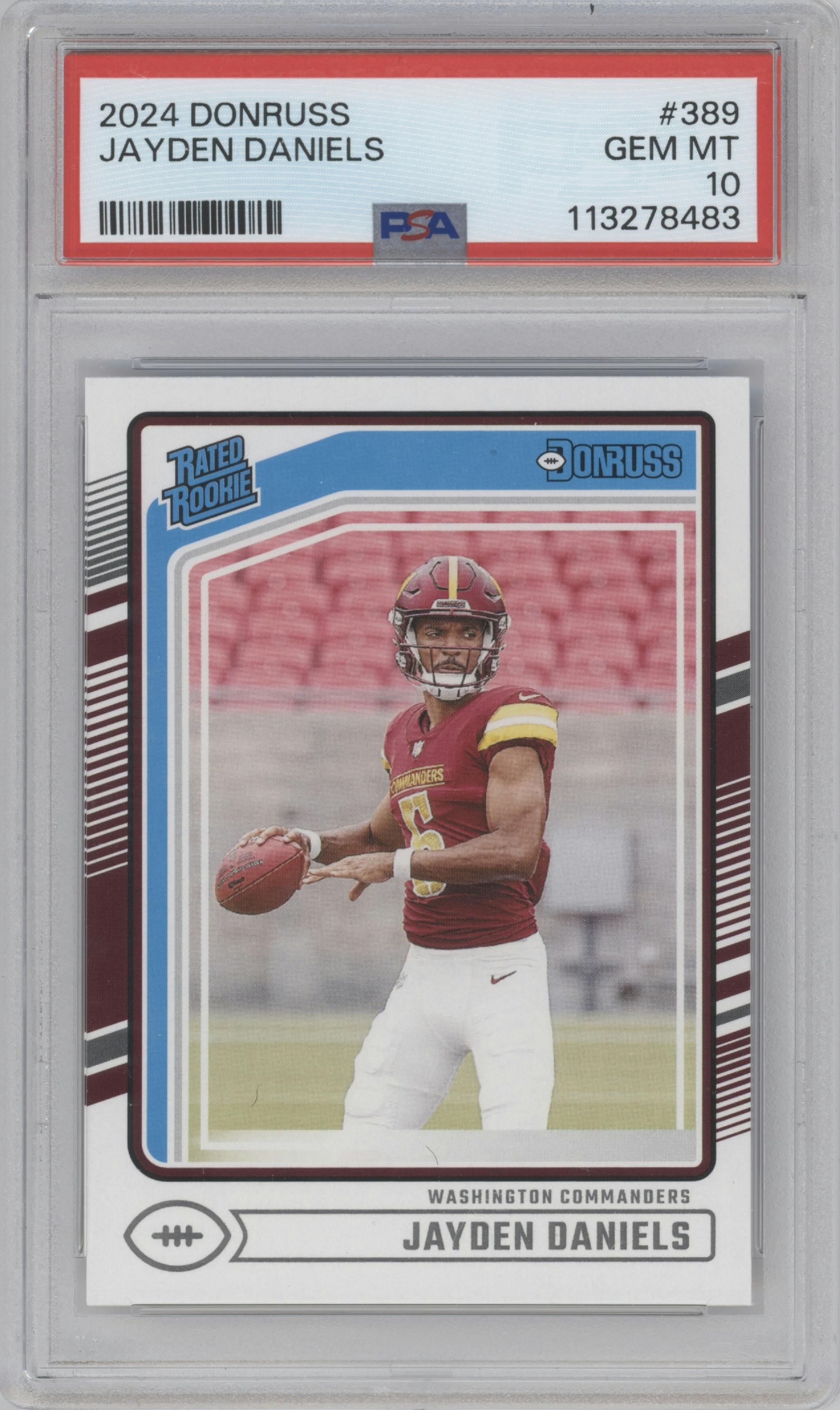 Jayden Daniels from the 2024 Donruss set graded by PSA and given an overall grade of 10.