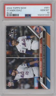 Ryne Stanek/Edwin Diaz from the 2024 Topps Now set featuring a Blue parallel graded by PSA and given an overall grade of 10.