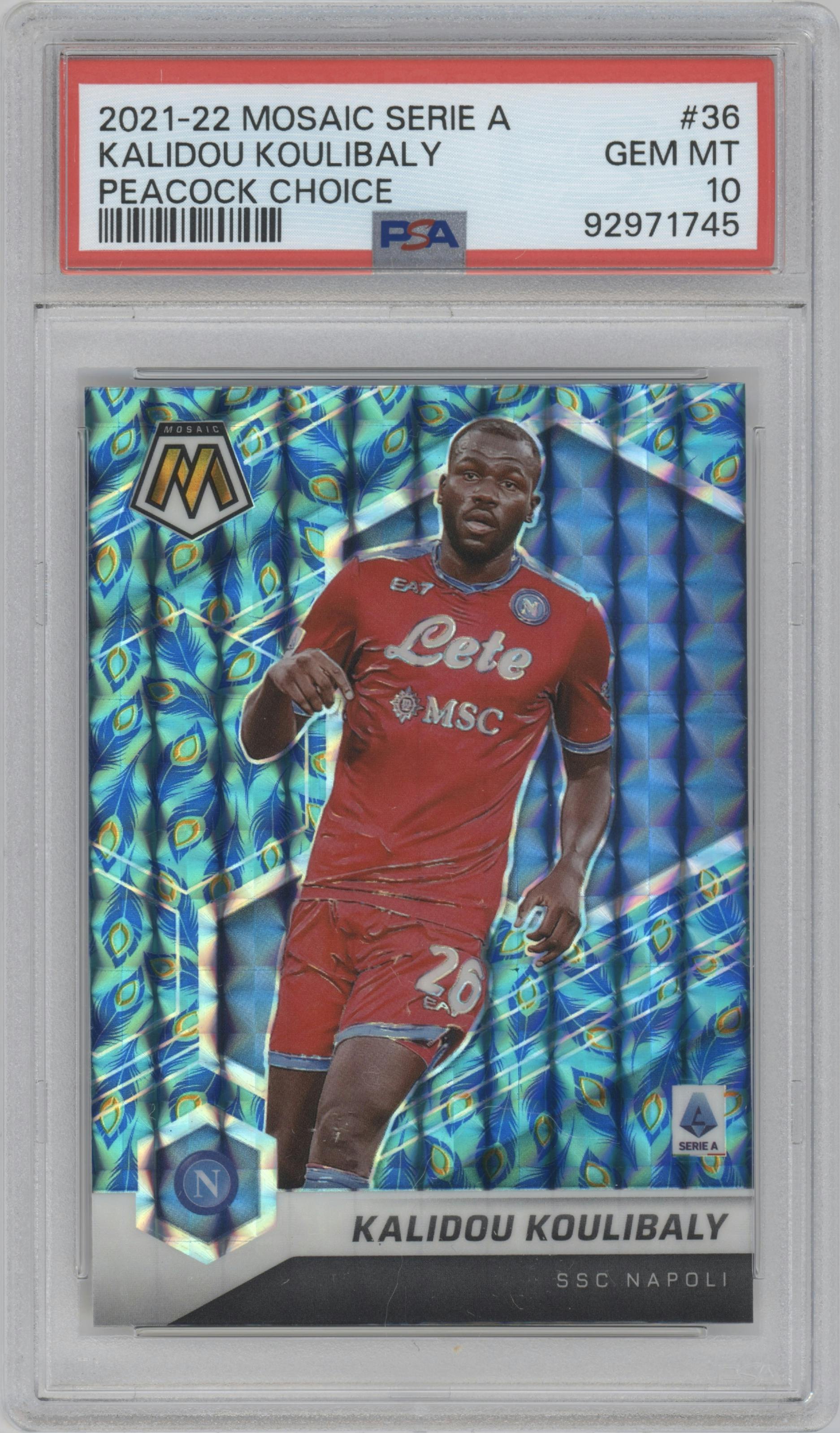 Kalidou Koulibaly from the 2021-22 Panini Mosaic Serie A set featuring a Choice Peacock parallel graded by PSA and given an overall grade of 10.