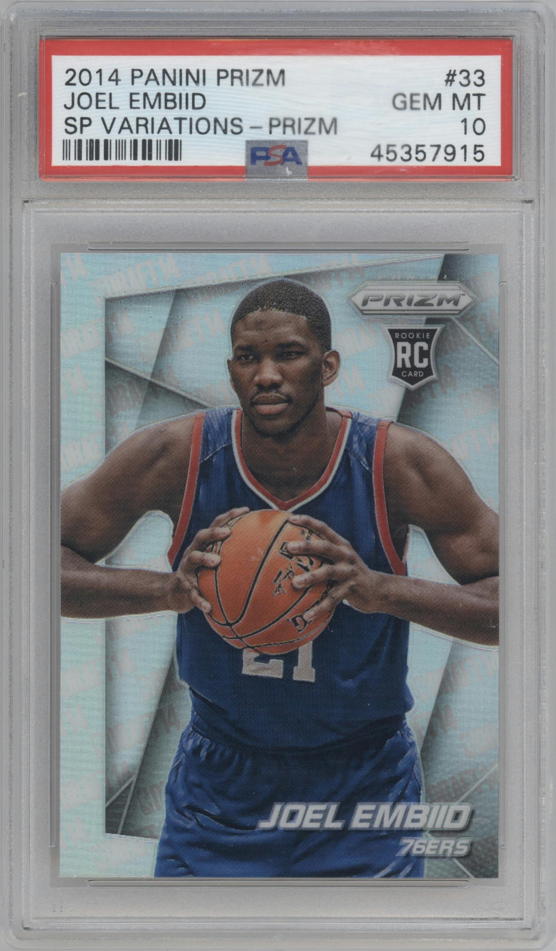 Joel Embiid from the 2014-15 Panini Prizm set graded by PSA and given an overall grade of 10.