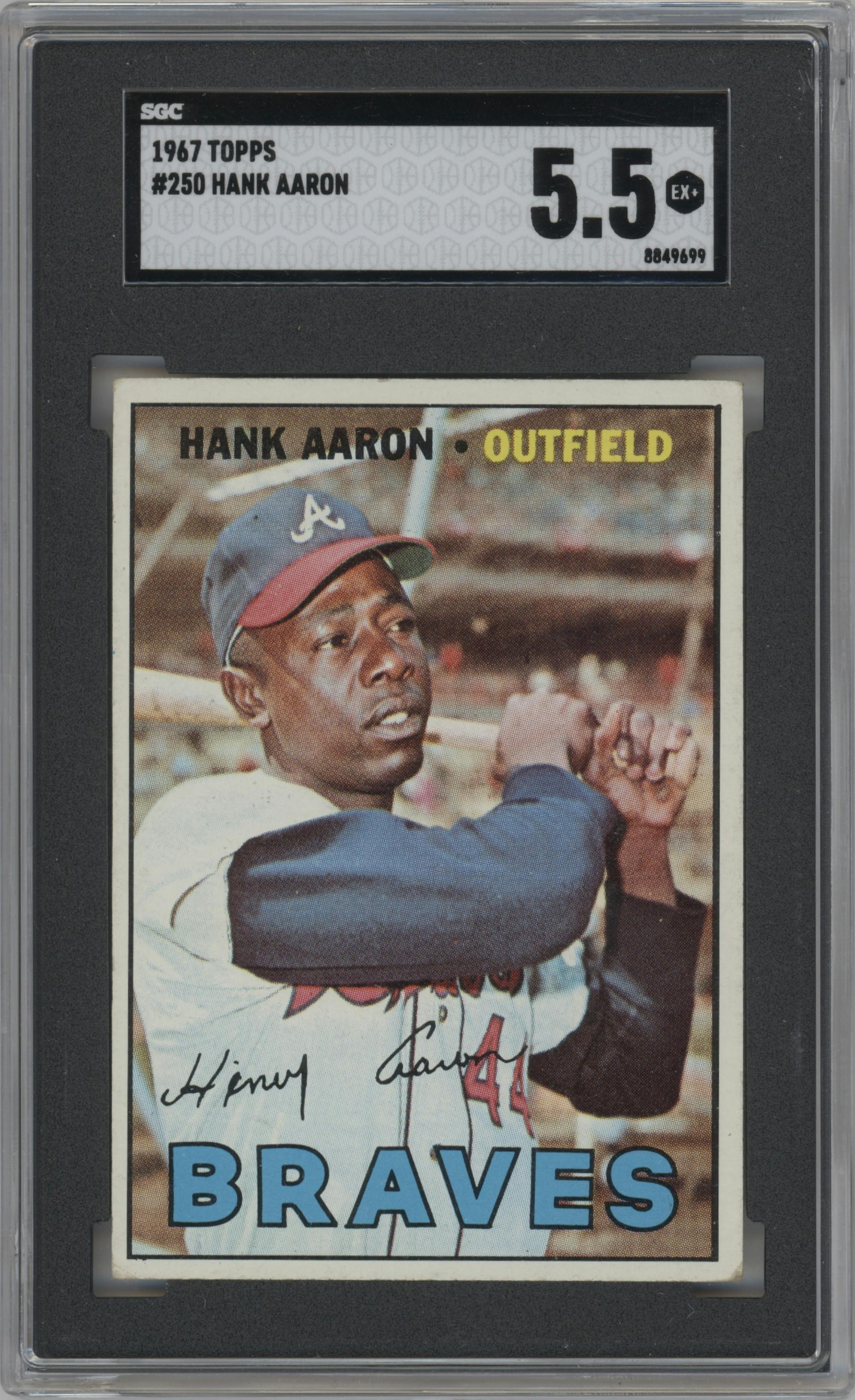 Hank Aaron from the 1967 Topps set graded by SGC and given an overall grade of 5.5.