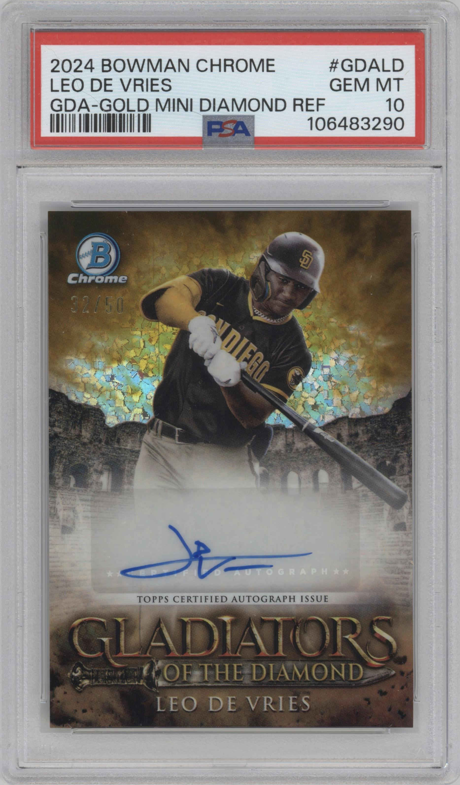 Leo De Vries  from the 2024 Bowman Chrome set featuring a Gold Mini Diamond Refractor parallel graded by PSA and given an overall grade of 10.