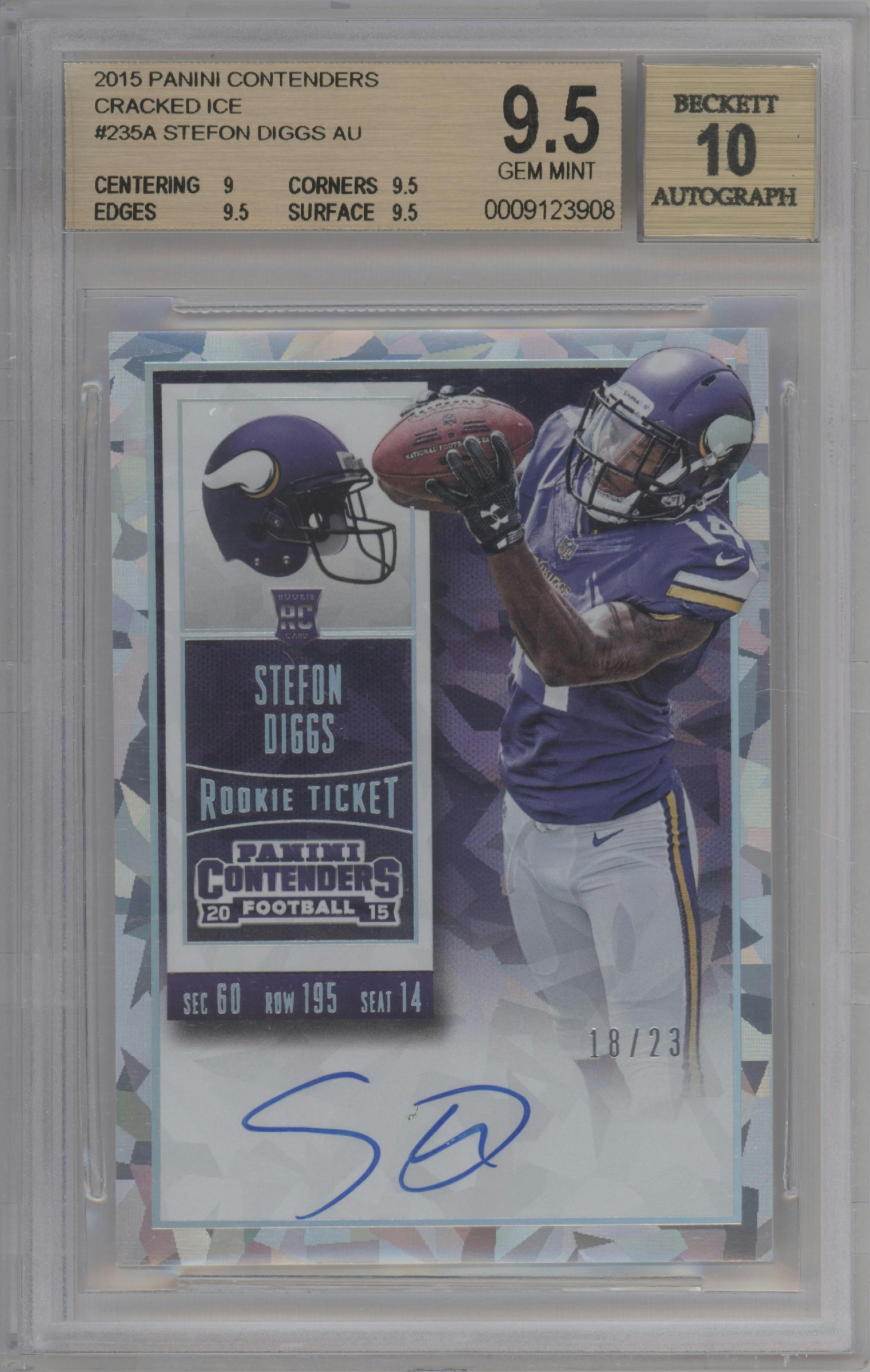 Stefon Diggs  from the 2015 Panini Contenders set featuring a Cracked Ice Ticket parallel graded by Beckett and given an overall grade of 9.5.
