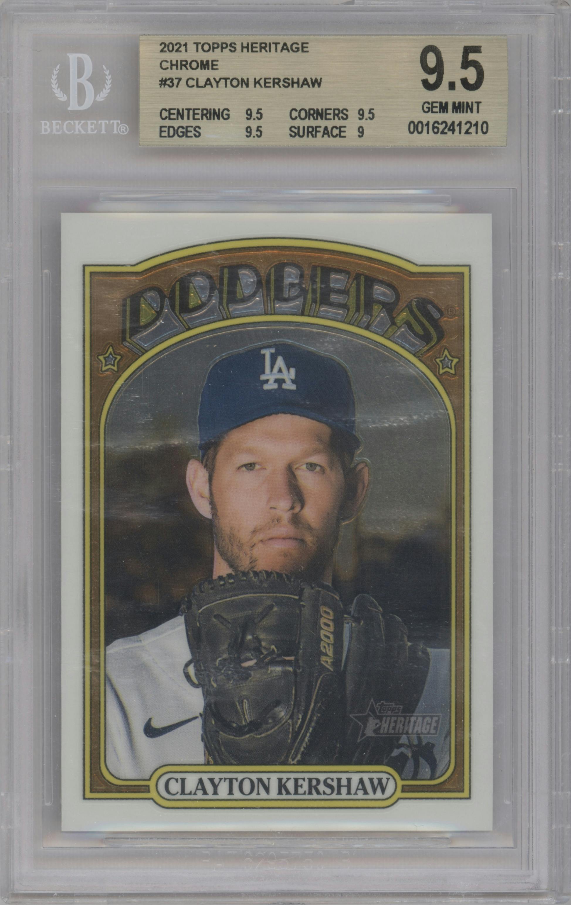 Clayton Kershaw from the 2021 Topps Heritage set graded by Beckett and given an overall grade of 9.5.