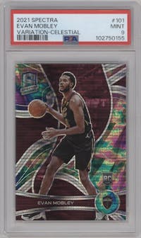 Evan Mobley from the 2021-22 Panini Spectra set featuring a Celestial parallel graded by PSA and given an overall grade of 9.