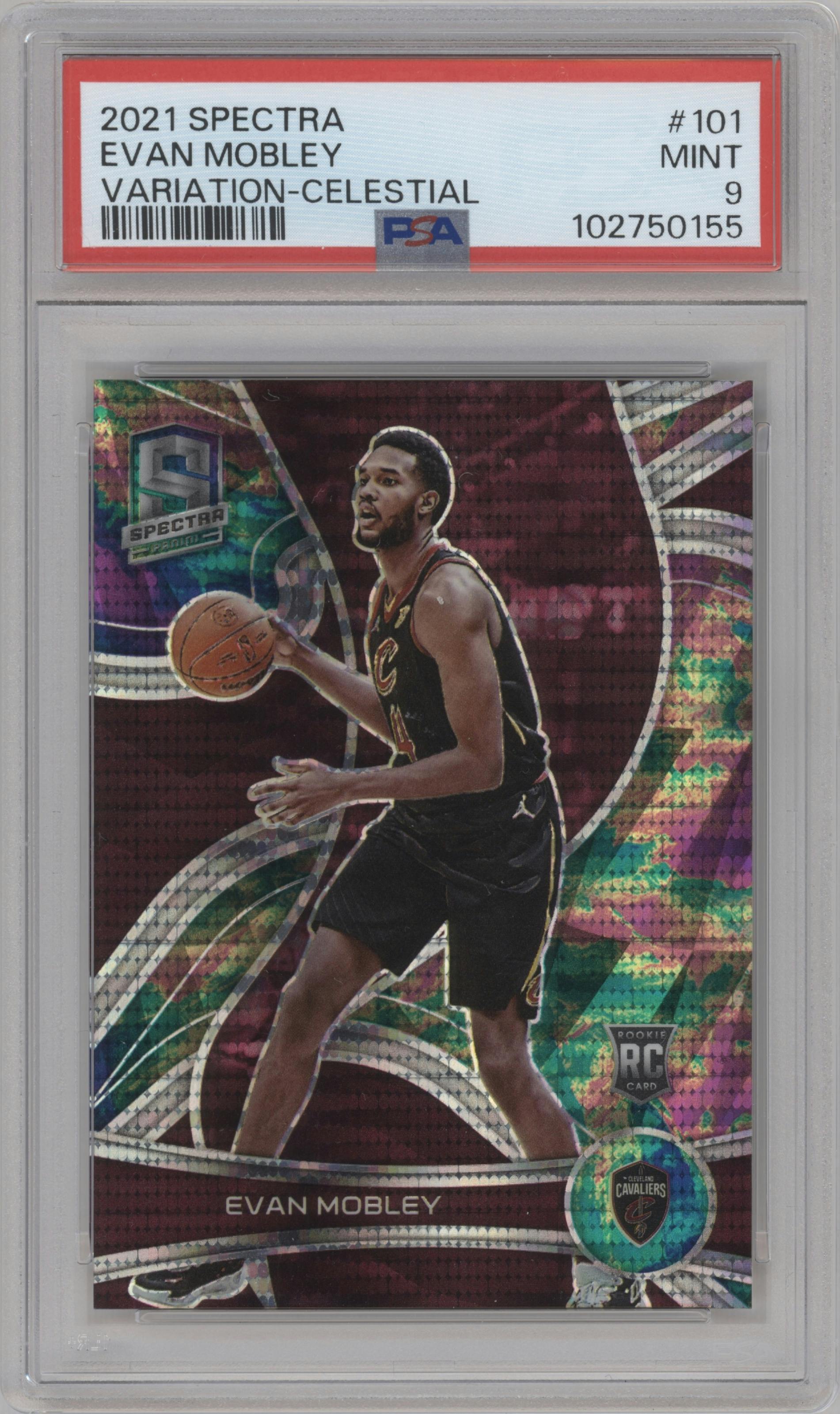 Evan Mobley from the 2021-22 Panini Spectra set featuring a Celestial parallel graded by PSA and given an overall grade of 9.