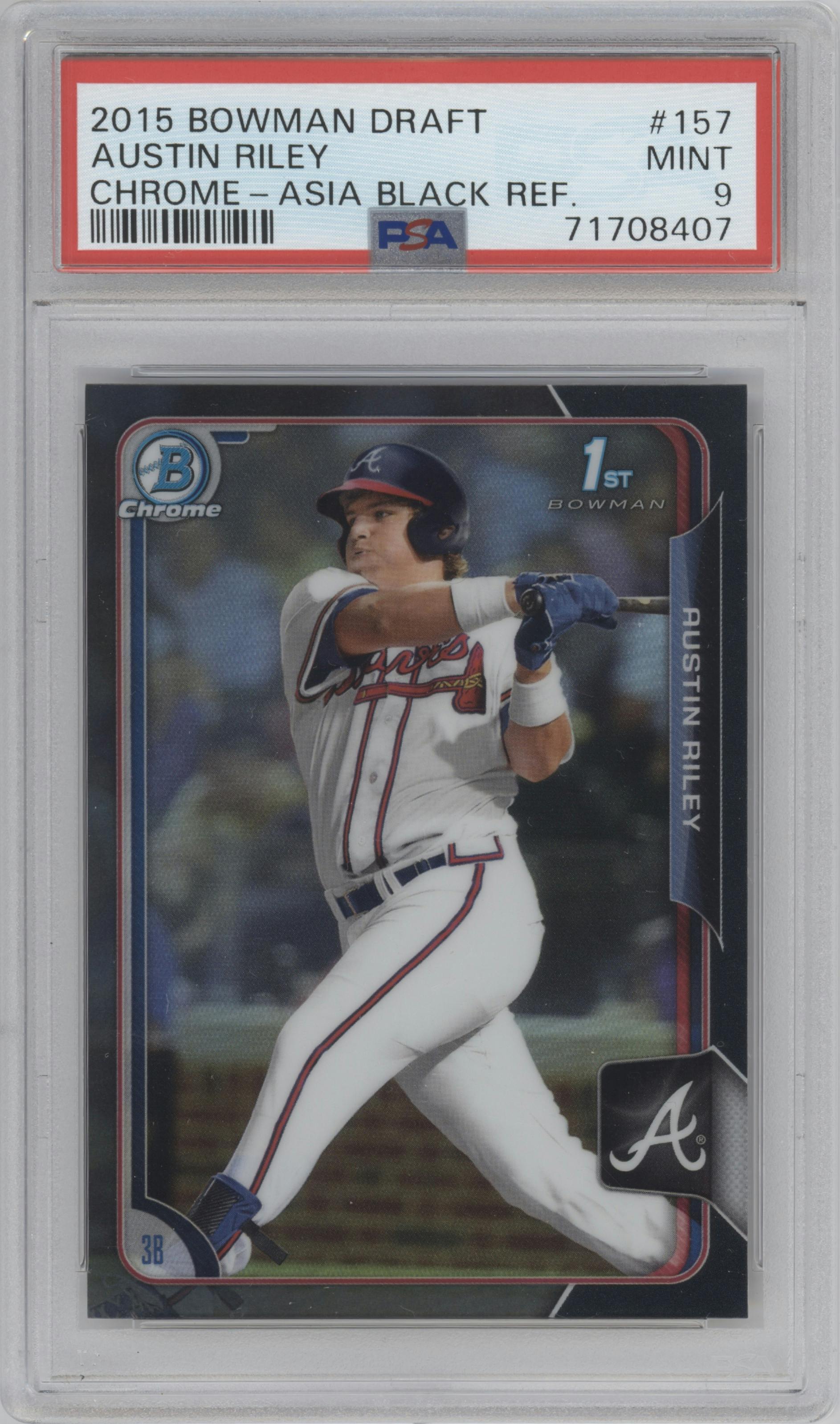 Austin Riley from the 2015 Bowman Draft set featuring a Black Asia Refractor parallel graded by PSA and given an overall grade of 9.