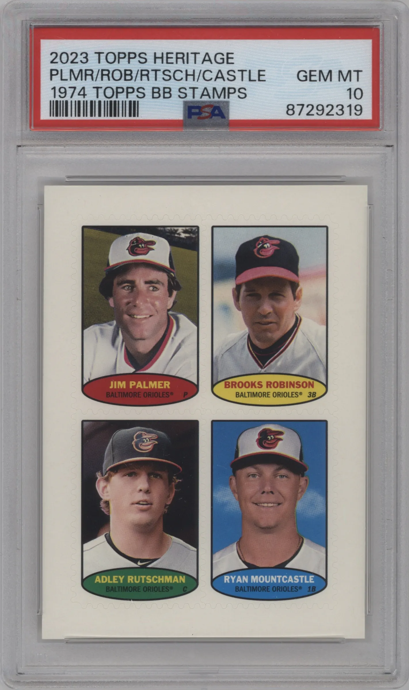 2023 Topps Heritage 1974 Topps Stamps Jim Palmer/Brooks Robinson/Adley Rutschman/Ryan Mountcastle PSA 10