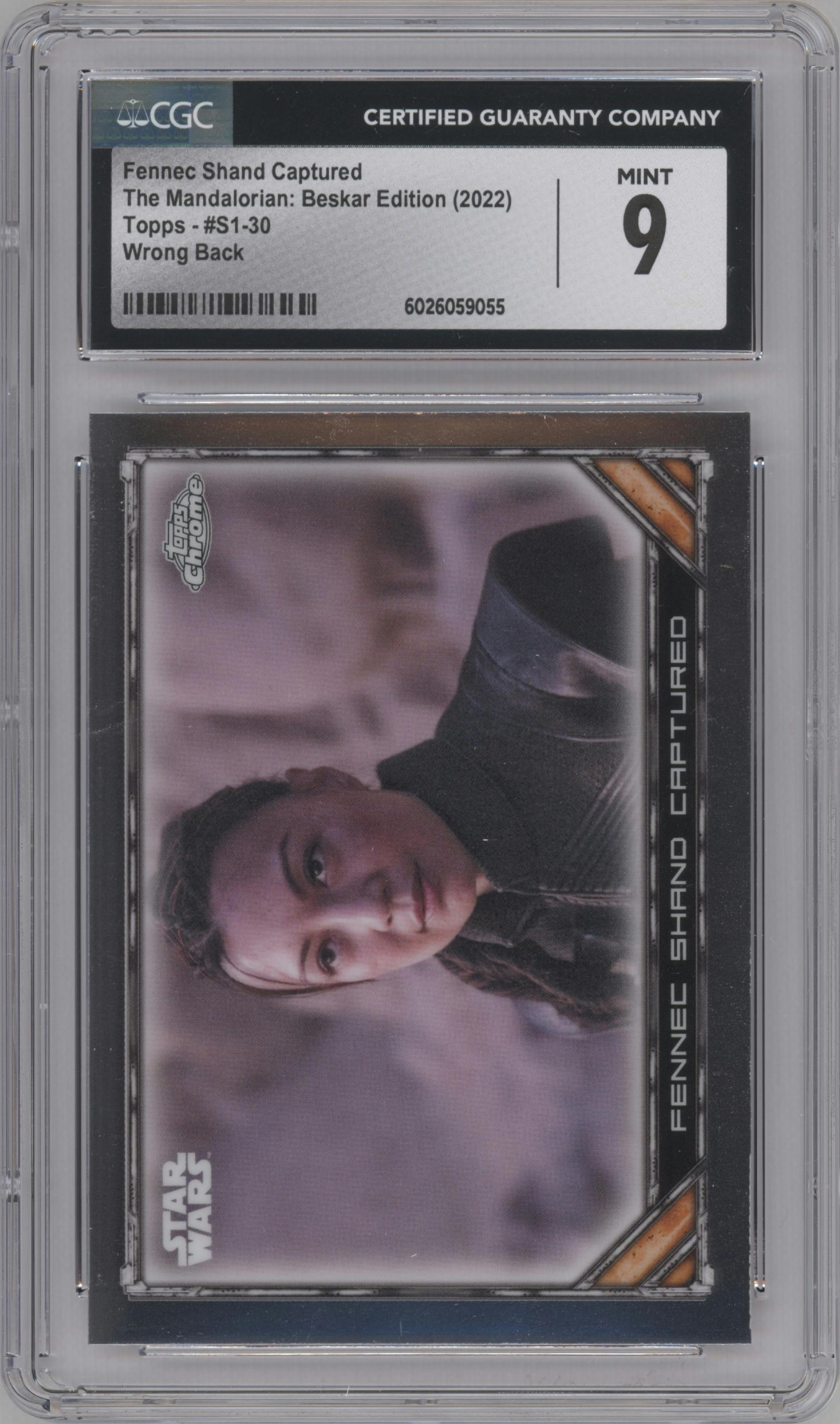 Fennec Shand Captured from the 2022 Topps Chrome Star Wars The Mandalorian Beskar Edition set featuring a Wrong Back parallel graded by CSG and given an overall grade of 9.
